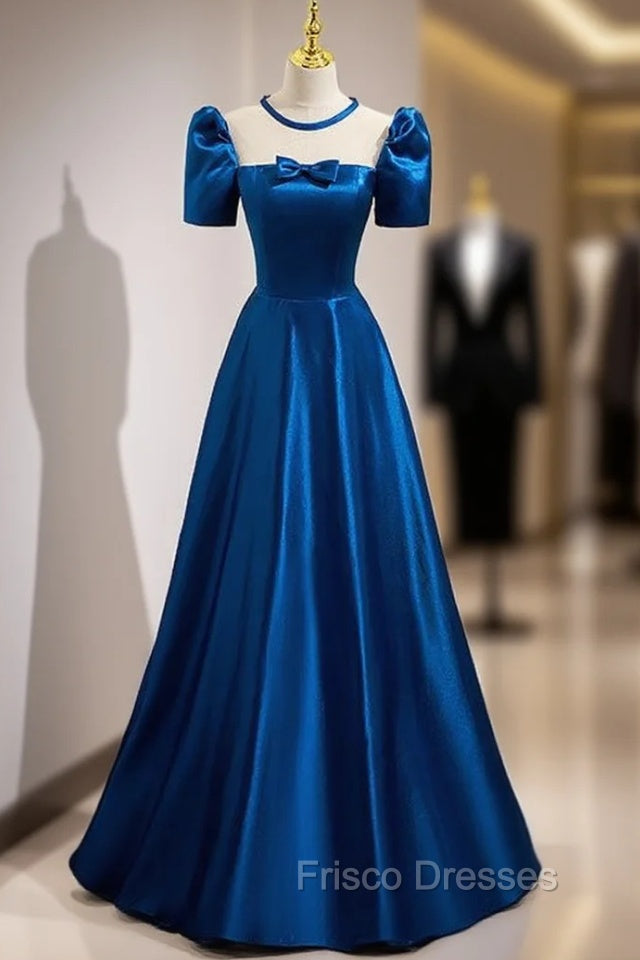 Blue Satin See Through Neck Short Sleeve Formal Prom Dress