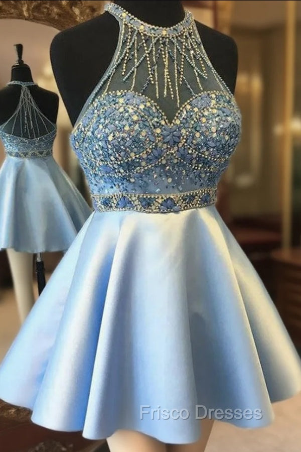 Blue Satin Short Homecoming Dress with Beading and Crystals Main image