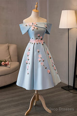 Blue Satin Short Party Dress With Flowers, Blue Knee Length Homecoming Dress