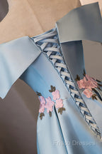 Blue Satin Short Party Dress With Flowers, Blue Knee Length Homecoming Dress