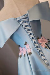 Blue Satin Short Party Dress With Flowers, Blue Knee Length Homecoming Dress