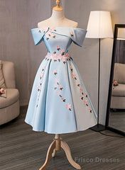 Blue Satin Short Party Dress With Flowers, Blue Knee Length Homecoming Dress
