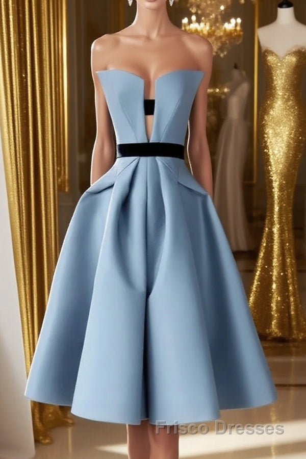 Blue satin short Formal Prom Dresses, blue homecoming Dresses Main image