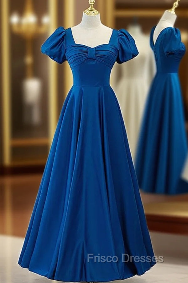 Blue Satin Short Sleeve Pleats Formal Prom Dress