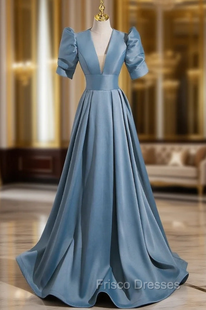 Blue Satin Short Sleeve V-neck Backless Formal Prom Dress