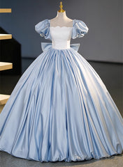 Blue Satin Short Sleeves Long Formal Dress, Blue Satin Sweet 16 Dress