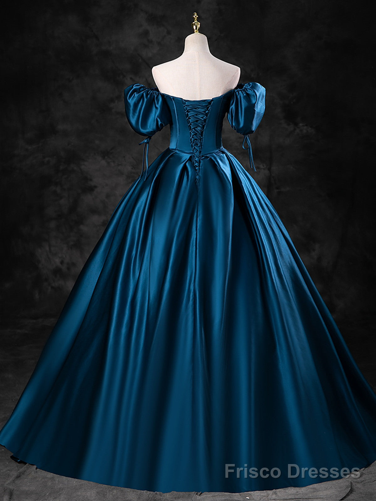 Blue Satin Short Sleeves Sweetheart Long Party Dress, Blue A-Line Prom Dress Evening Dress