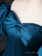 Blue Satin Short Sleeves Sweetheart Long Party Dress, Blue A-Line Prom Dress Evening Dress
