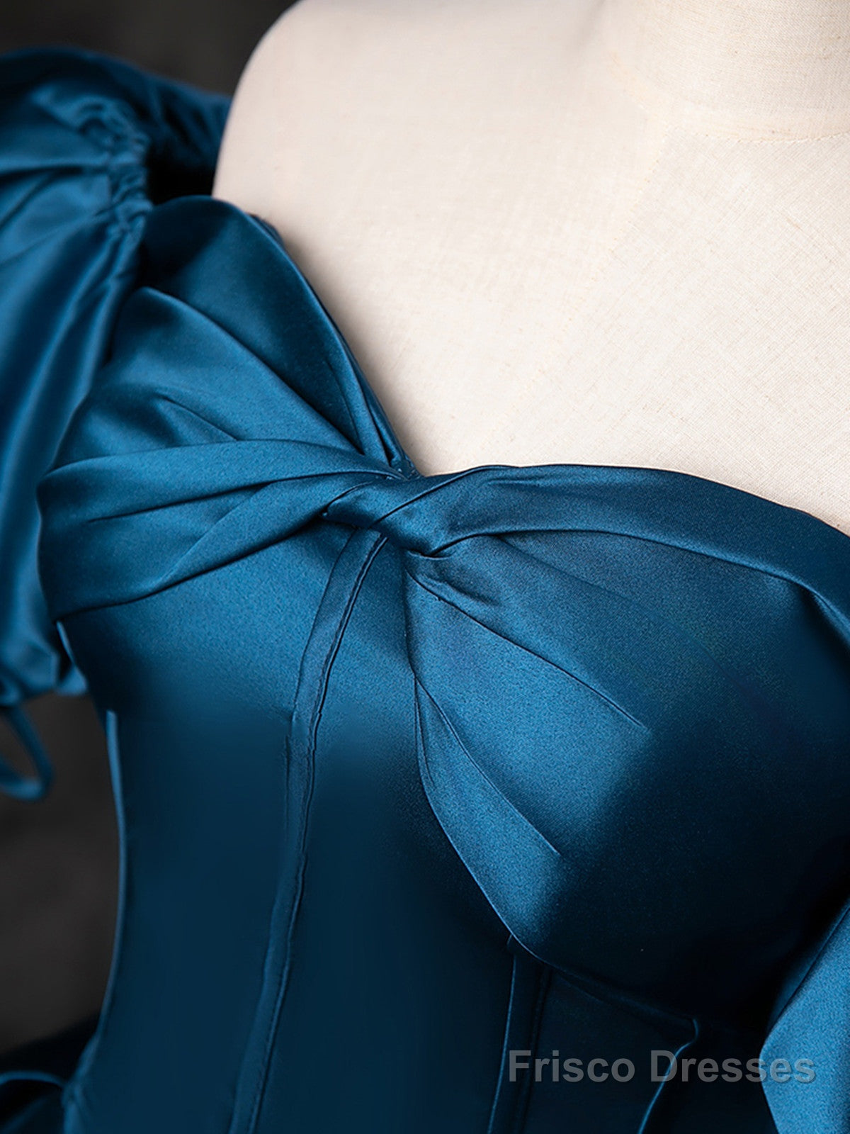 Blue Satin Short Sleeves Sweetheart Long Party Dress, Blue A-Line Prom Dress Evening Dress