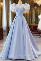 Blue Satin Short Sleeves with Bow Lace-up Party Dress, Blue Formal Prom Dress