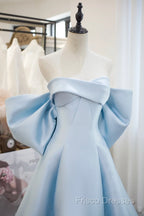 Blue Satin Spaghetti Strap Long Formal Prom Dress With Big Bow, Blue A-Line Formal Party Dress