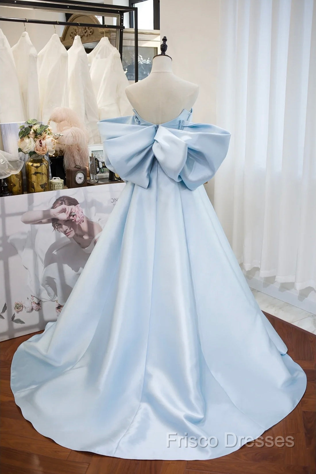 Blue Satin Spaghetti Strap Long Formal Prom Dress With Big Bow, Blue A-Line Formal Party Dress