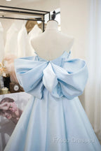Blue Satin Spaghetti Strap Long Formal Prom Dress With Big Bow, Blue A-Line Formal Party Dress