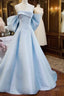 Blue Satin Spaghetti Strap Long Formal Prom Dress With Big Bow, Blue A-Line Formal Party Dress