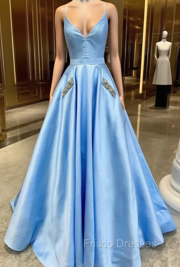 Blue Satin Spaghetti Straps Pocket Beading Formal Prom Dress Main image
