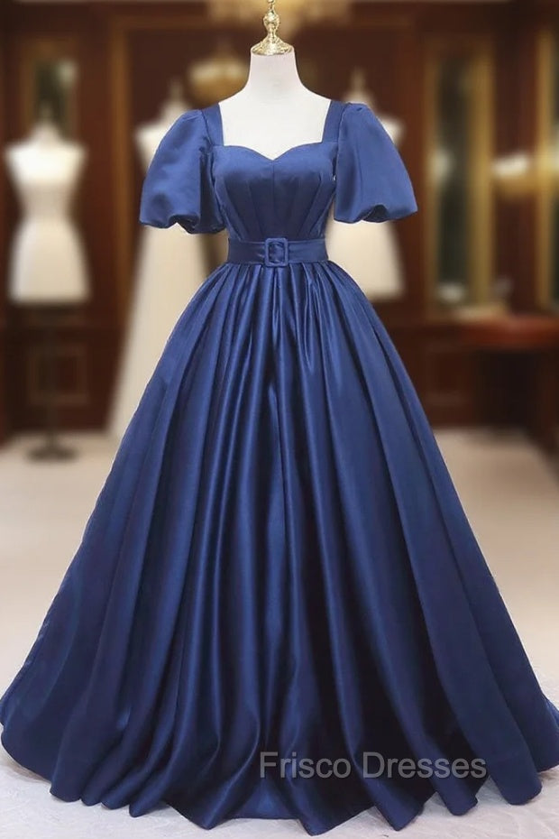 Blue Satin Square Neck Puff Sleeve Pleats Formal Prom Dress