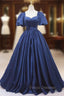 Blue Satin Square Neck Puff Sleeve Pleats Formal Prom Dress
