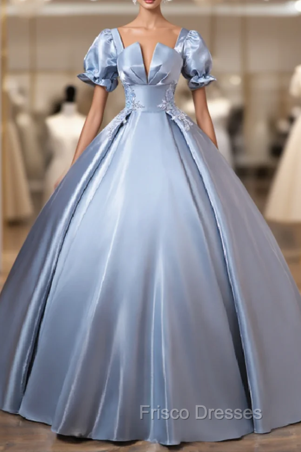 Blue Satin Square Puff Sleeve Appliques Quinceanera Dress