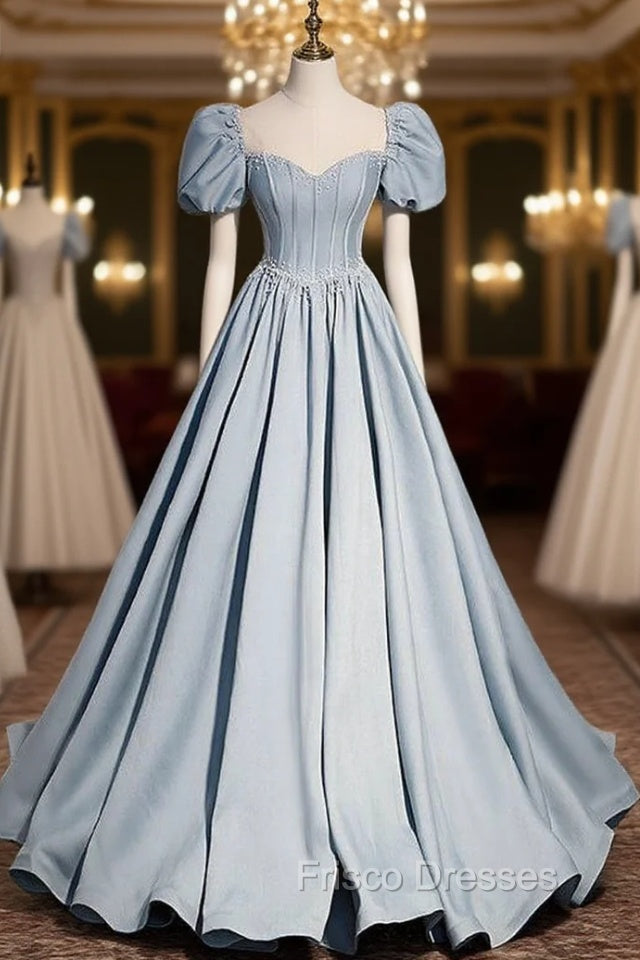 Blue Satin Square Puff Sleeve Pearls Formal Prom Dress
