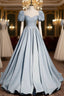 Blue Satin Square Puff Sleeve Pearls Formal Prom Dress
