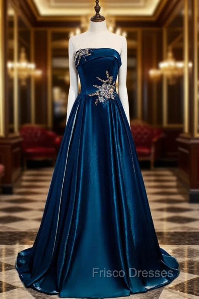 Blue Satin Strapless Beading Appliques Formal Prom Dress Main image