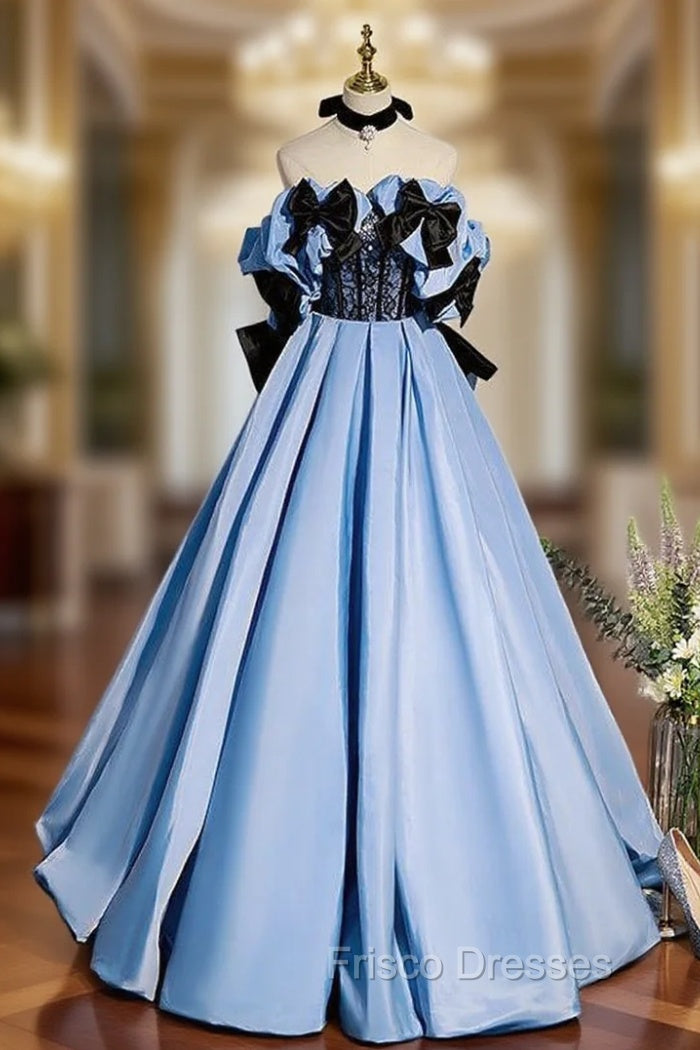 Blue Satin Strapless Bow Formal Prom Dress