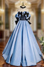 Blue Satin Strapless Bow Formal Prom Dress
