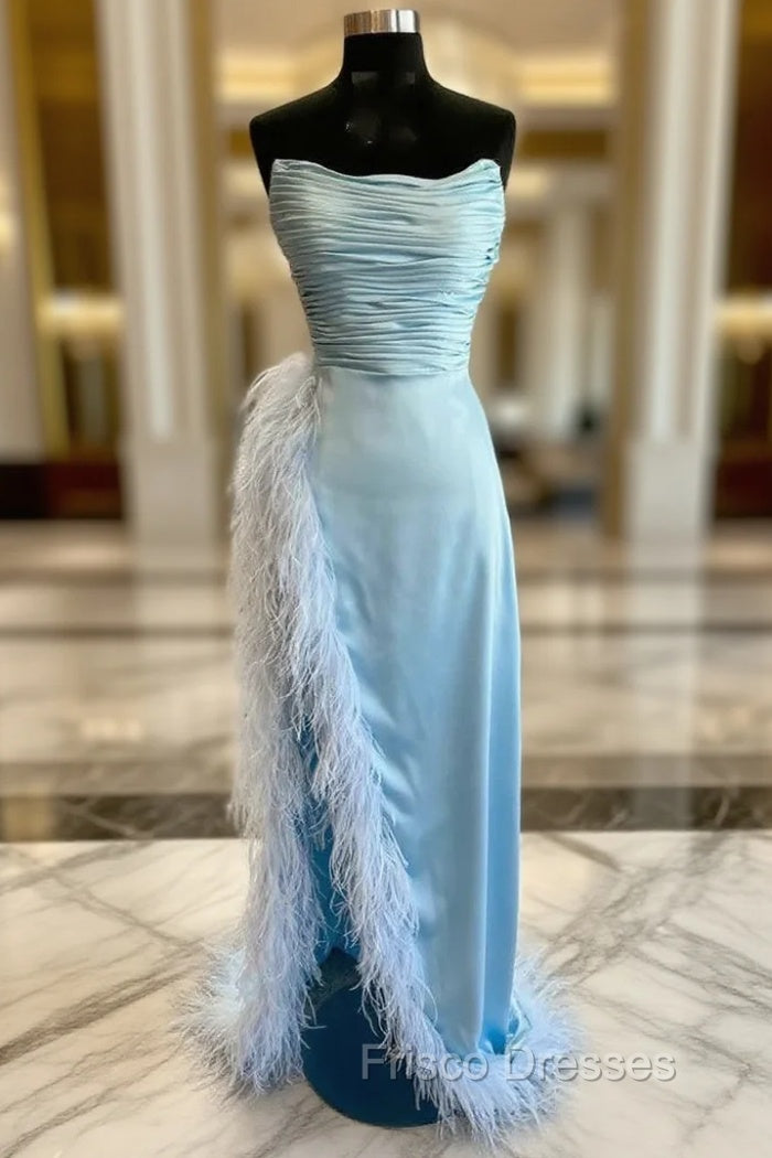 Blue Satin Strapless Pleats Feather Formal Prom Dress