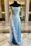 Blue Satin Strapless Pleats Feather Formal Prom Dress