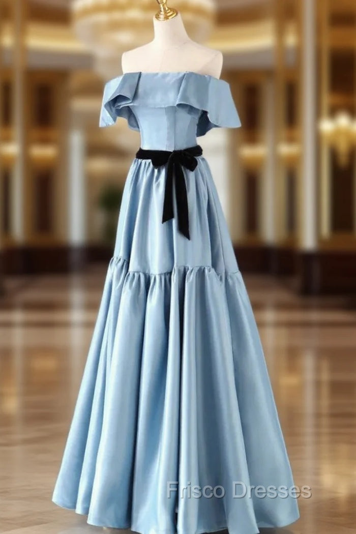Blue Satin Strapless Formal Prom Dress With Belt Main image