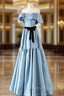 Blue Satin Strapless Formal Prom Dress With Belt
