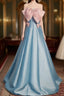 Blue Satin Strapless Formal Prom Dress With Pink Bow