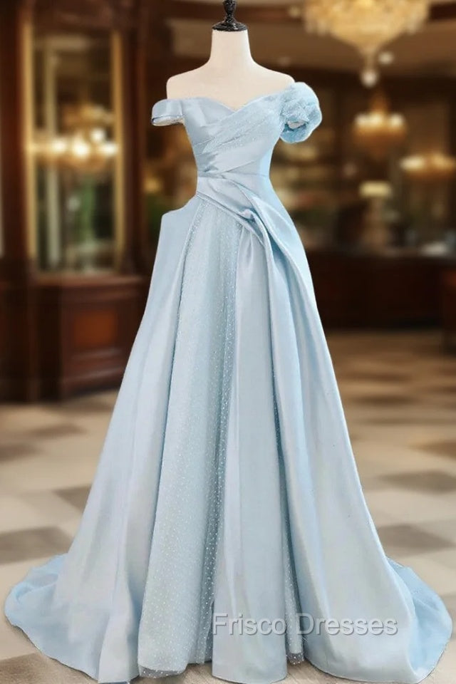 Blue Satin Tulle Off the Shoulder Formal Prom Dress