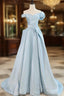 Blue Satin Tulle Off the Shoulder Formal Prom Dress