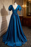 Blue Satin V-neck Short Sleeve Pleats Formal Prom Dress