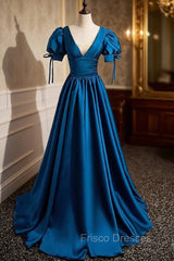 Blue Satin V-neck Short Sleeve Pleats Formal Prom Dress