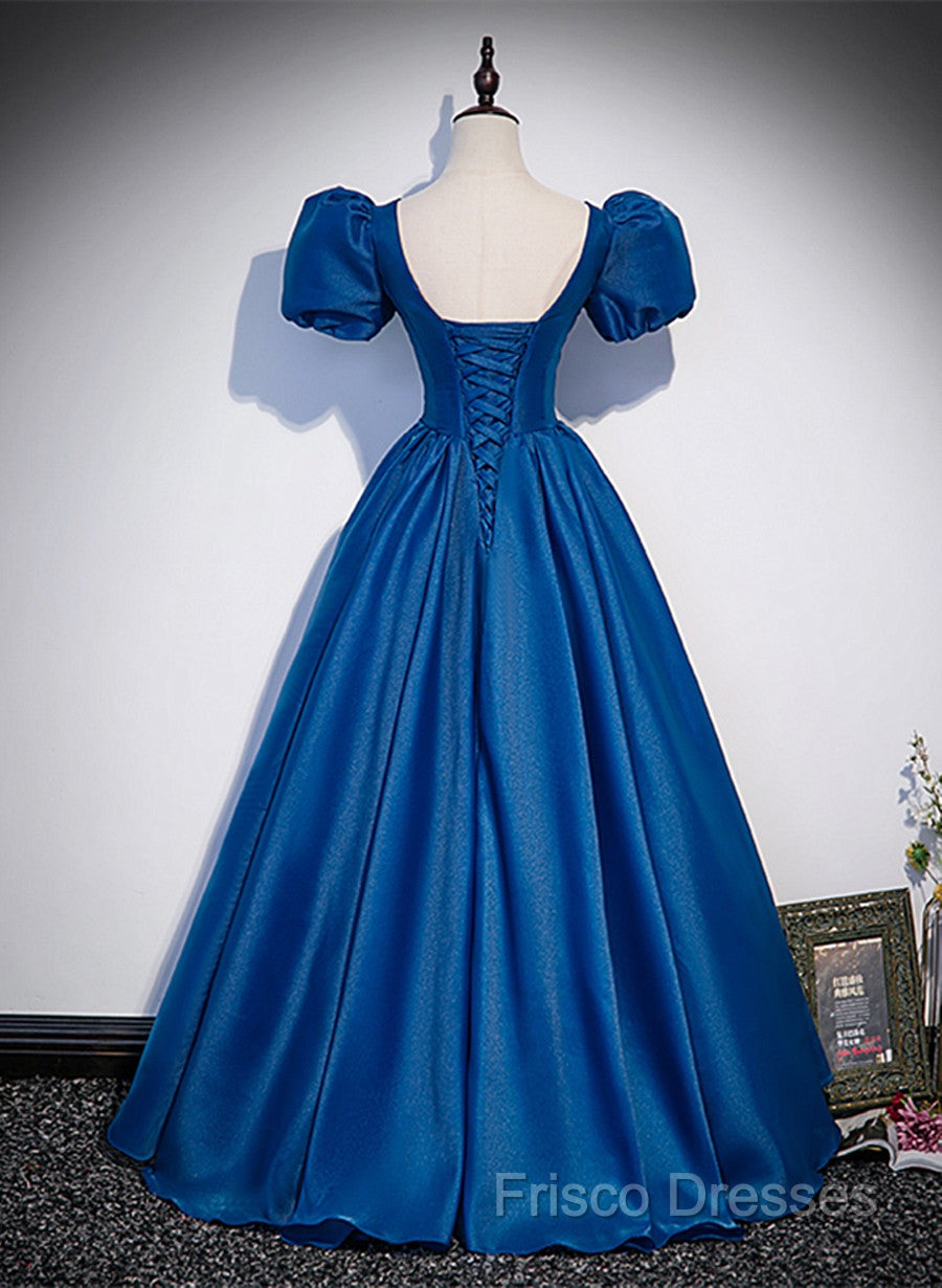 Blue Satin V-Neckline Short Sleeves Long Formal Dress, Blue Satin Formal Prom Dress Secondary image
