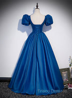 Blue Satin V-Neckline Short Sleeves Long Formal Dress, Blue Satin Formal Prom Dress