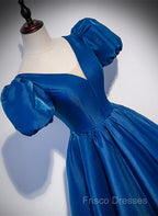 Blue Satin V-Neckline Short Sleeves Long Formal Dress, Blue Satin Formal Prom Dress