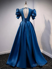 Blue Satin V-neckline Short Sleeves Party Dress Blue A-line Evening Dress prom dresses shops