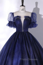 Blue Scoop Neckline Tulle Long Formal Prom Dress, A-Line Short Sleeve Evening Gown
