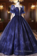 Blue Scoop Neckline Tulle Long Formal Prom Dress, A-Line Short Sleeve Evening Gown