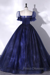 Blue Scoop Neckline Tulle Long Formal Prom Dress, A-Line Short Sleeve Evening Gown