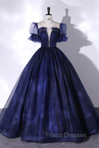 Blue Scoop Neckline Tulle Long Formal Prom Dress, A-Line Short Sleeve Evening Gown