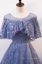 Blue Scoop Neckline Tulle Long Formal Prom Dress, Shiny A-Line Formal Evening Dress