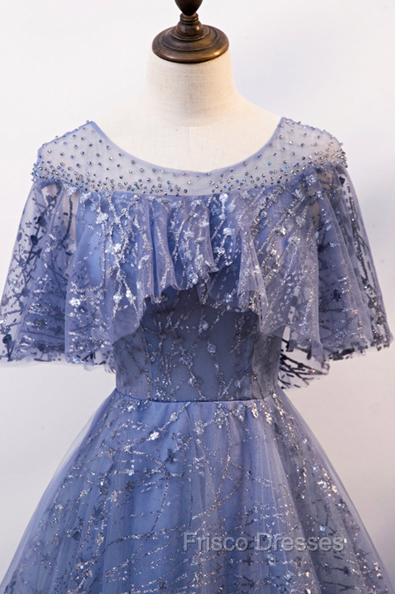 Blue Scoop Neckline Tulle Long Formal Prom Dress, Shiny A-Line Formal Evening Dress