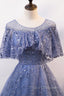 Blue Scoop Neckline Tulle Long Formal Prom Dress, Shiny A-Line Formal Evening Dress