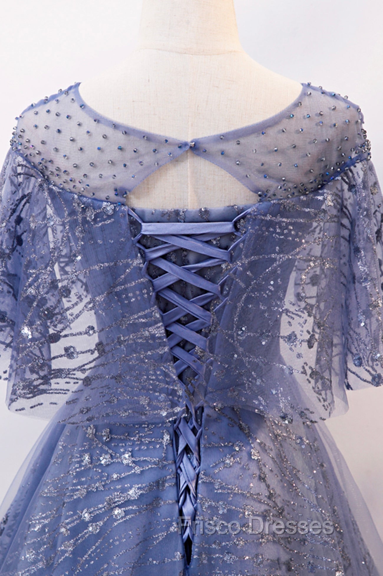 Blue Scoop Neckline Tulle Long Formal Prom Dress, Shiny A-Line Formal Evening Dress