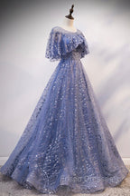 Blue Scoop Neckline Tulle Long Formal Prom Dress, Shiny A-Line Formal Evening Dress