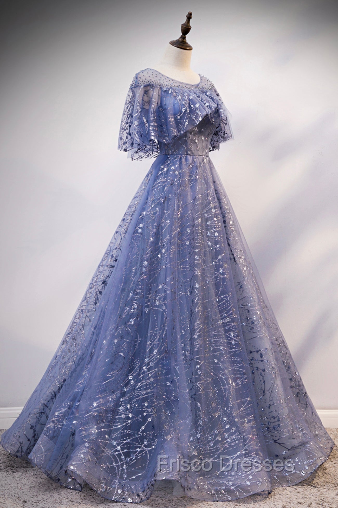 Blue Scoop Neckline Tulle Long Formal Prom Dress, Shiny A-Line Formal Evening Dress
